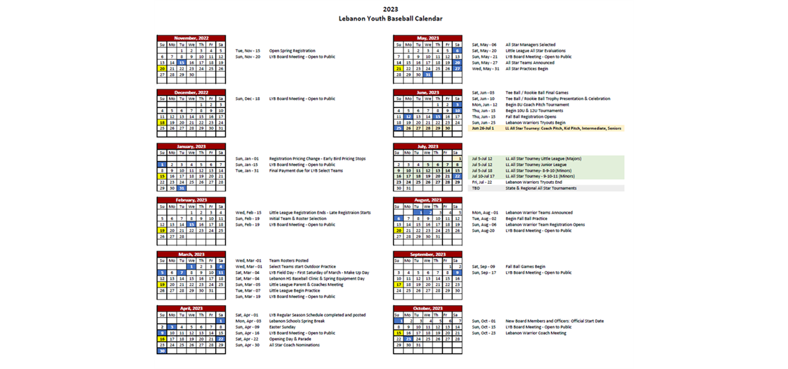 LYB 2023 Season Calendar